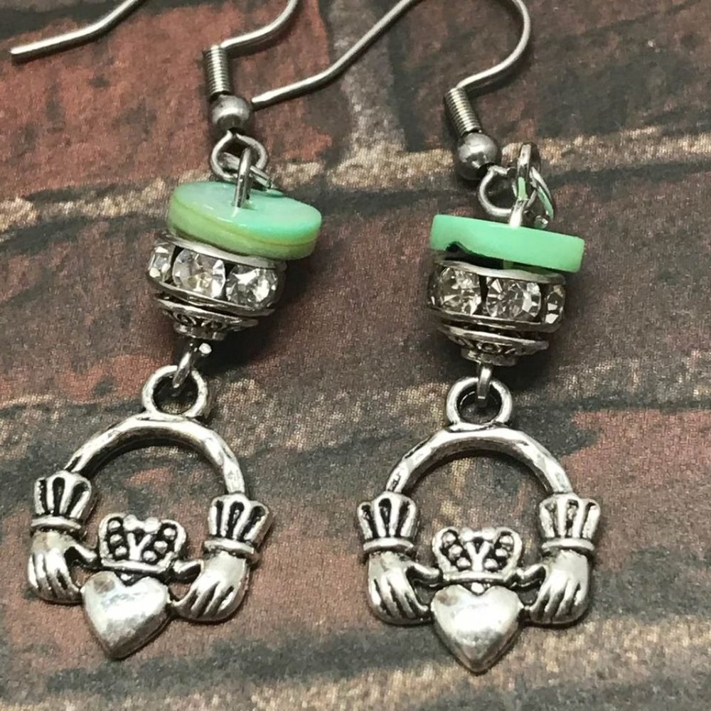Claddagh Hook Earrings Green Mother of Pearl Shell